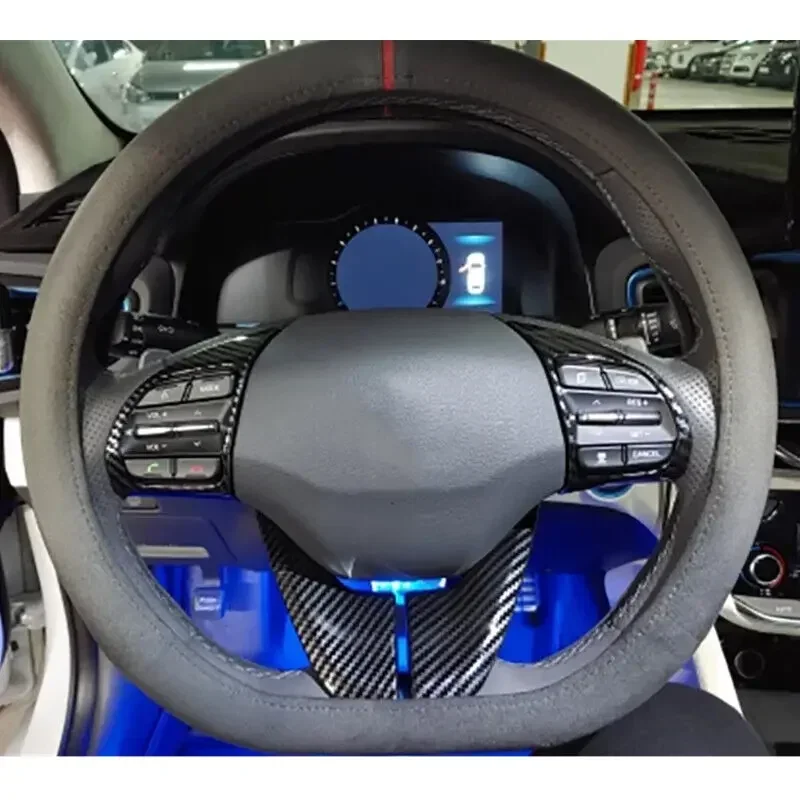 For Hyundai Elantra 2017-2020 IONIQ Veloster Carbon Fiber Look Car Interior Steering Wheel Trim Cover Sticker Button Frame Auto