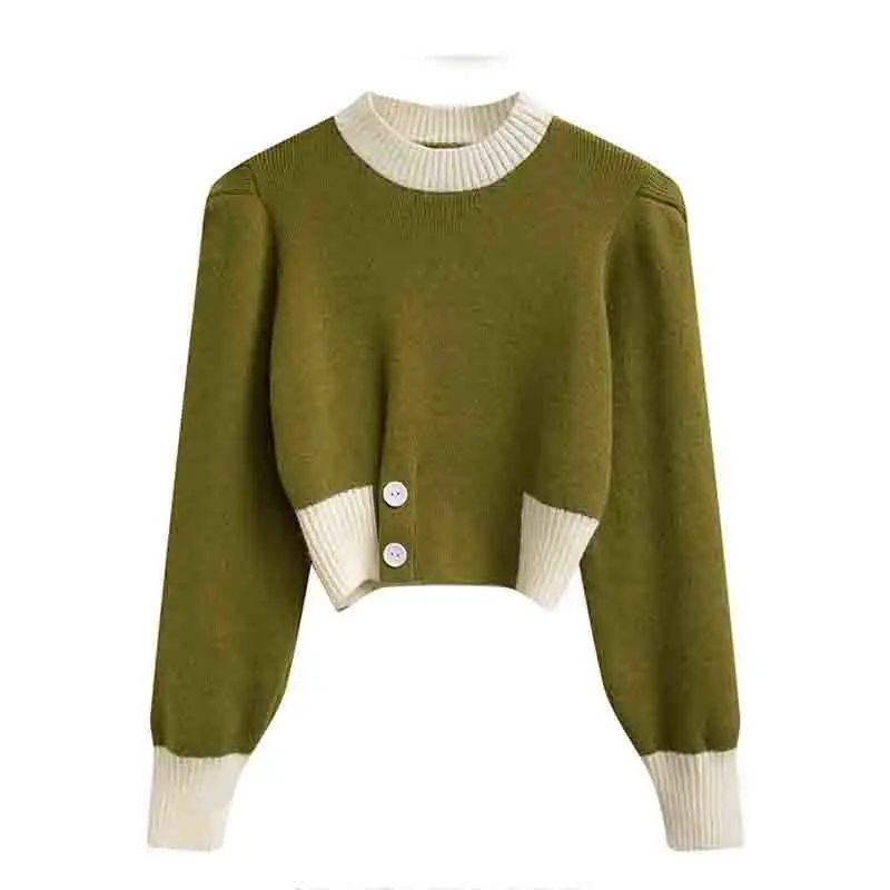 2024 new design sense autumn and winter knitted sweater pullover sweater long sleeved base shirt waist cinched short top