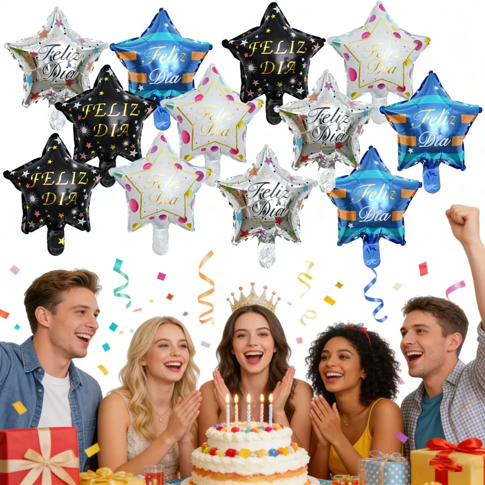 Набор из 12 алюминиевых шаров-пентаграмм с надписью «Feliz dia» (С Днем Рождения) для украшения дня рождения, праздников и мероприятий