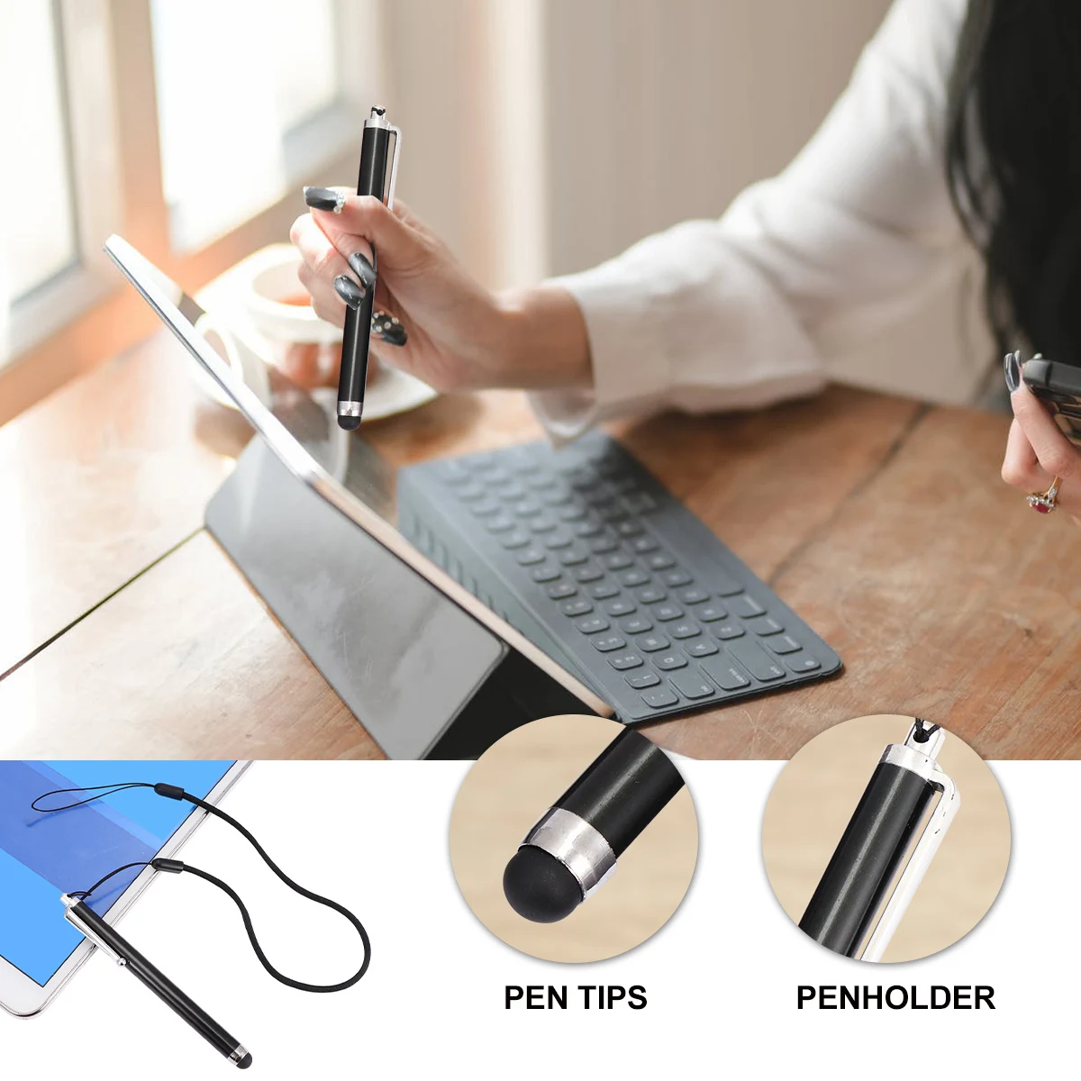 5 قطعة قلم شاشة تعمل باللمس 9 مللي متر مقبض معدني بالسعة طرف ناعم للهاتف اللوحي رسم ملاحظة المضادة للخدش الأسود