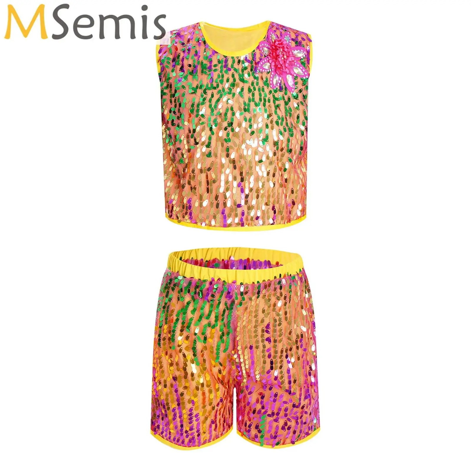 

Kids Boys Jazz Dance Outfits Modern Cheerleading Hip Hop Stage Performance Costume Sequins Sleeveless Tank Top with Shorts Set