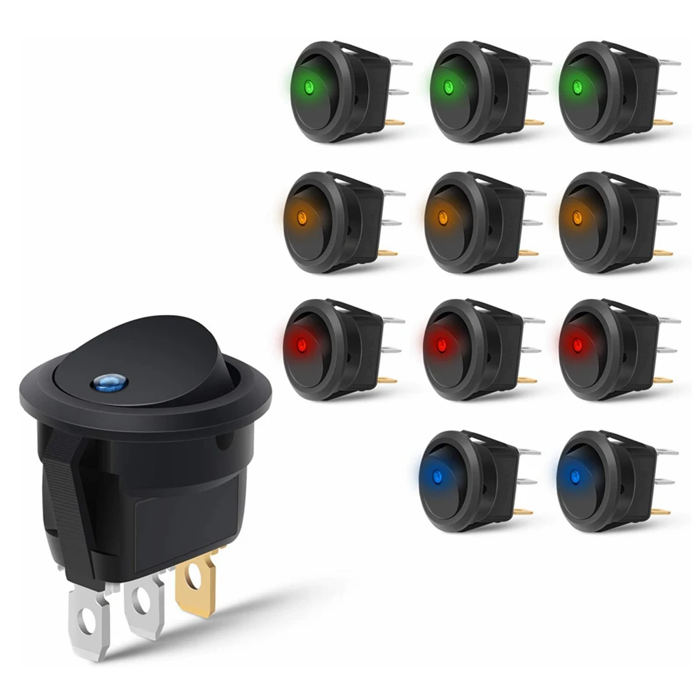 12PCS Round Toggle LED Switch Amps 3 Pin 12V 20A Car Truck Rocker On-Off Control Blue Green Yellow Red