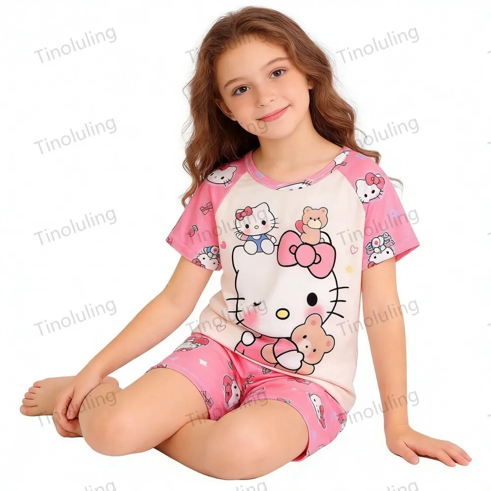 Conjuntos de Pijamas Sanrio para Meninas, Crianças de 3 a 12 Anos, Pijamas de Verão com Manga Curta, Hello Kitty e Kuromi