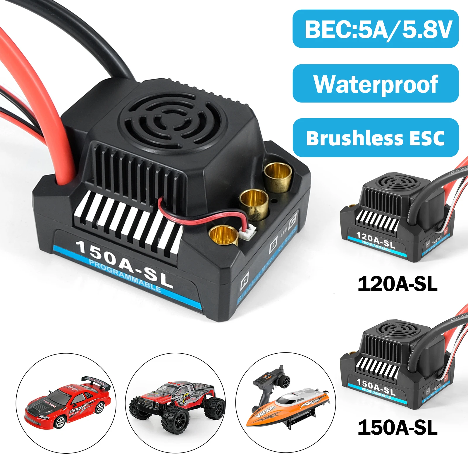 

120A/150A Brushless ESC Waterproof Electric Adjustment 1:10 RC Crawler Axial SCX10 AXI03007 90046 TRX4 Car Boat Parts RC ESC