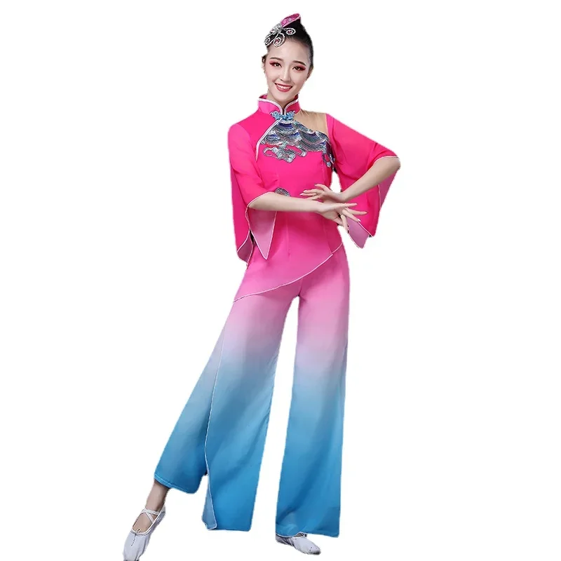 Estilo chinês guarda-chuva étnico dança yangko trajes de dança clássica elegante fã dança traje hanfu roupas desempenho palco