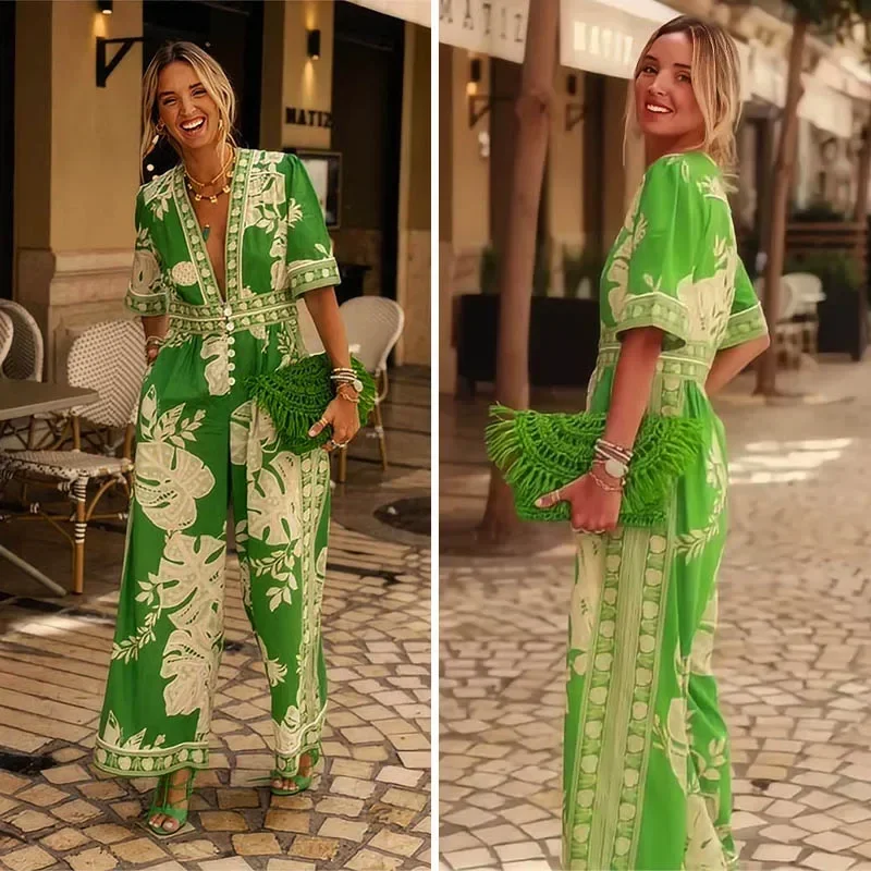 

Spring Summer Jumpsuit Women Print Loose Casual One Piece V Neck Short Sleeve Overalls Wide Leg Long Pant Elegant Splice Rompers
