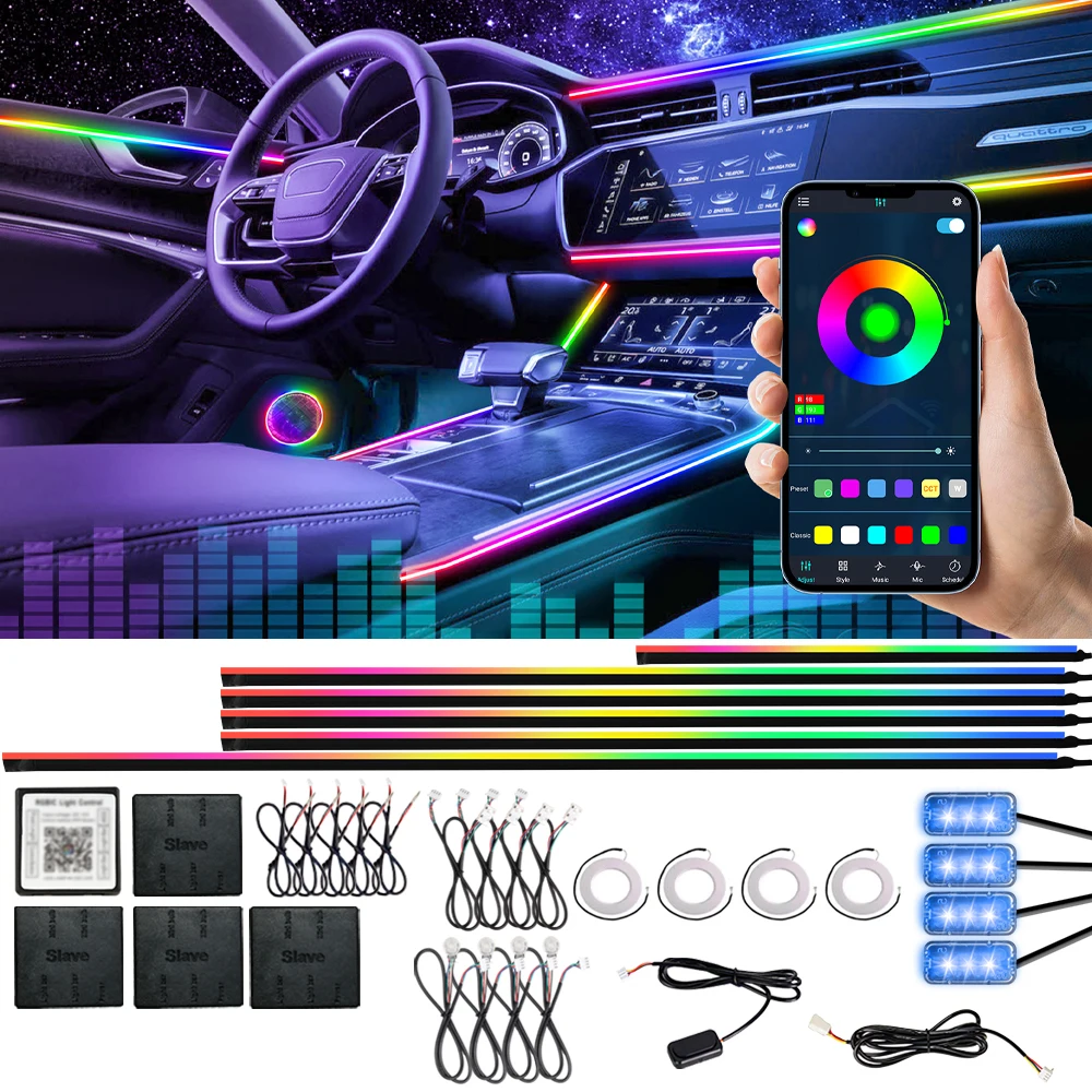 

Full Colors Car Ambient Light RGB 213 Color 14/22/18 in 1 LED Interior Hidden Acrylic Strip APP Control Symphony Atmosphere Lamp