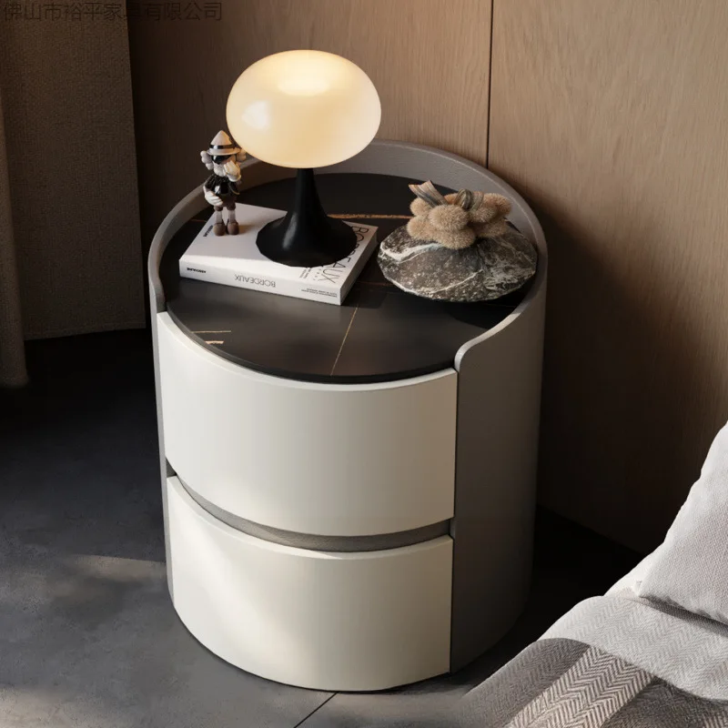 

Italian rock slab solid wood round bedside table light luxury high-end locker simple household bedroom free installation bedside