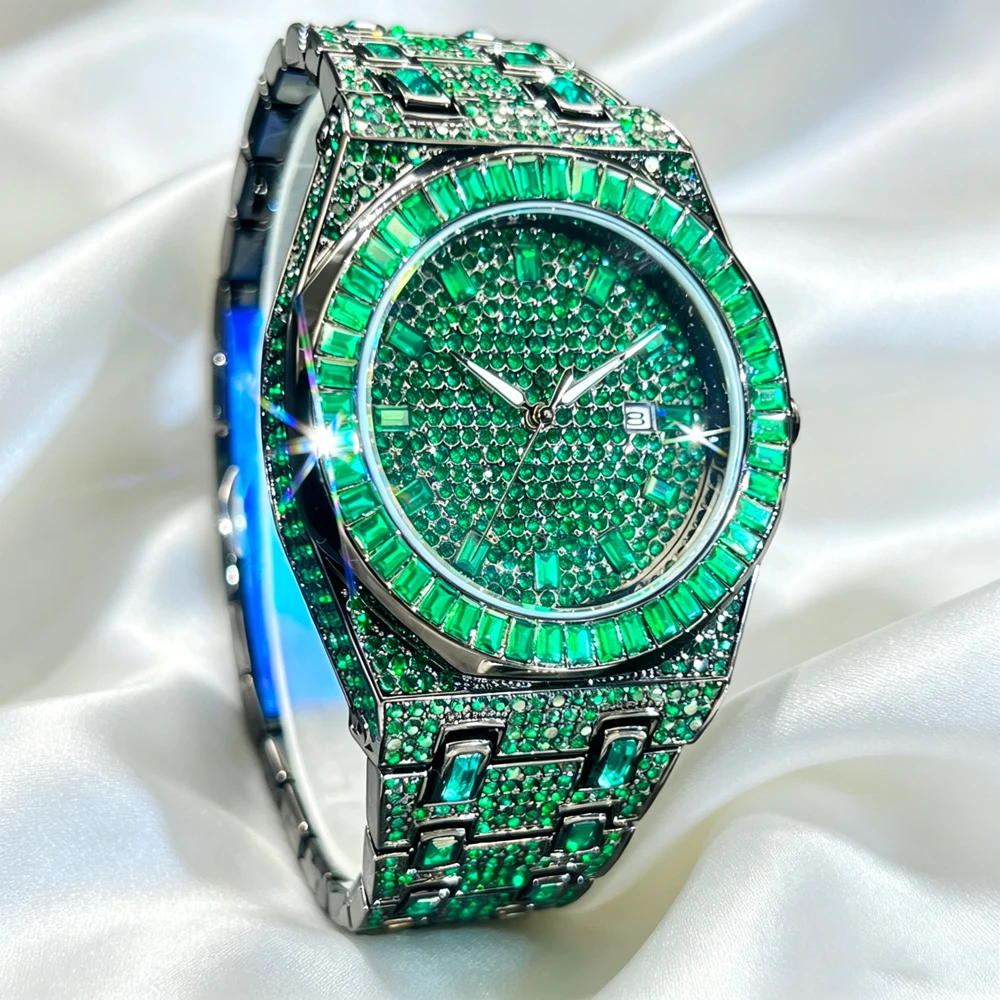 Fashion Full Paved Green Rhinestone Mens Wrist Watch Luxury Octagonal Dial Luminous Hands Calendar Hip Hop Bling Accessory Daily Club Party Present