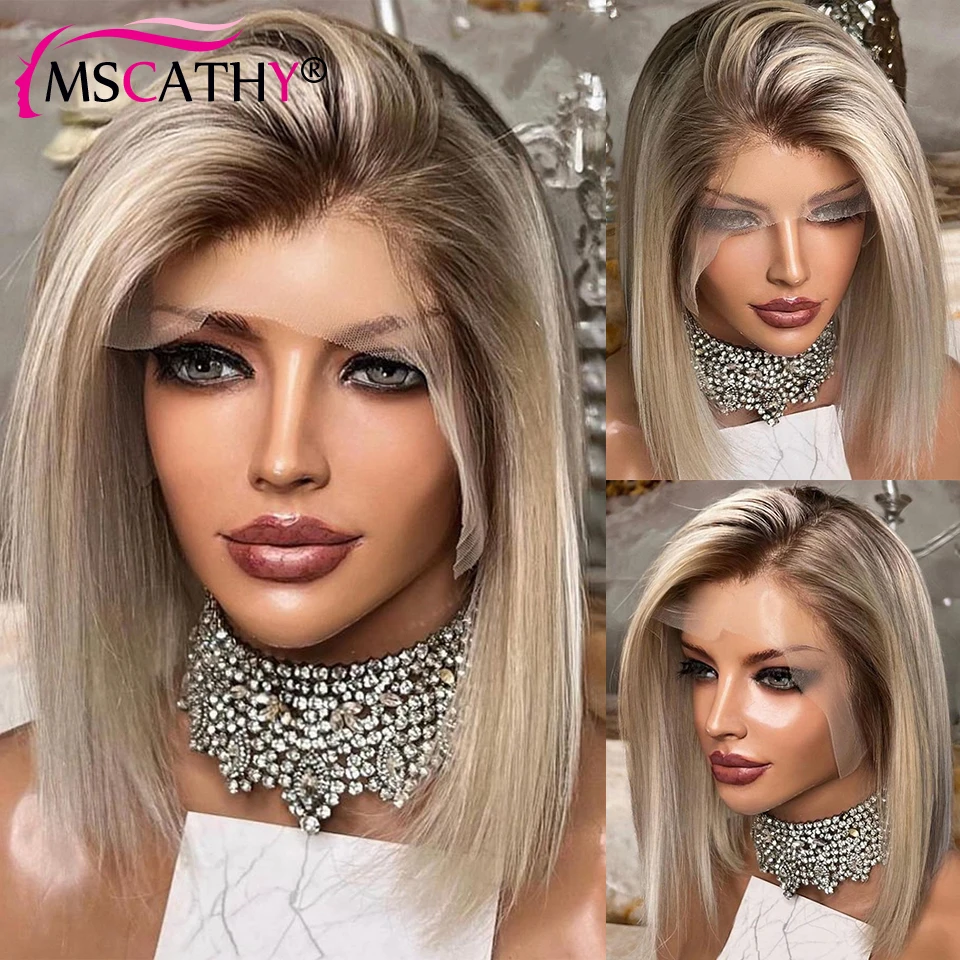 13x4 Ash Blonde Lace Front Human Hair Wig Ombre Short Bob Lace Closure Wig 4x4 HD Transparent Lace Front Wigs For Women Prepluck