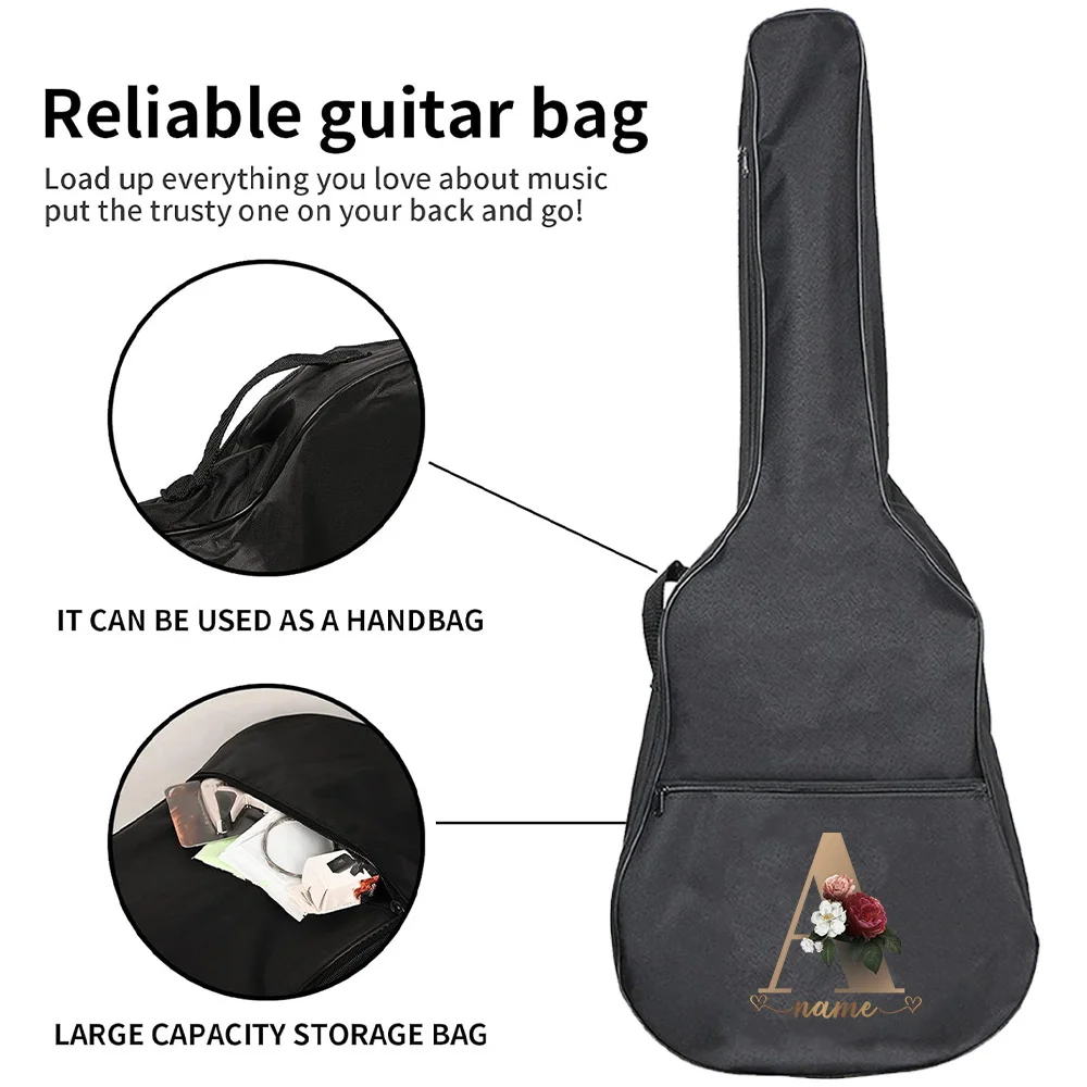 Personalizzazione personalizzata Lettere in oro rosa Borsa da chitarra nera da 31/34/38/41 pollici Borsa a tracolla Borsa da chitarra impermeabile in nylon