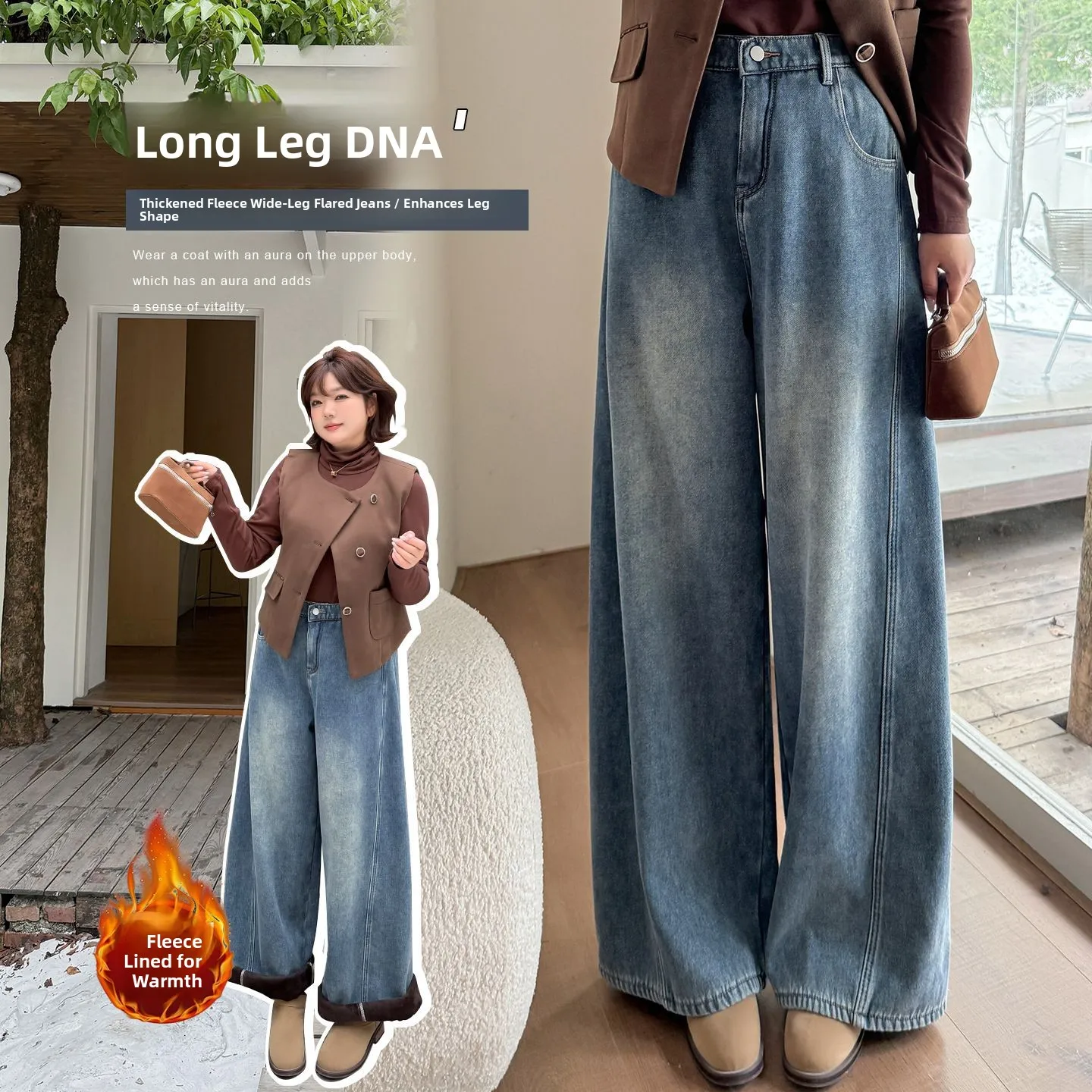 

plus Size Denim Jeans Thiened Warm Winter High Waist Wide Leg Pants Knife Bootcut Trousers for plus Size Women