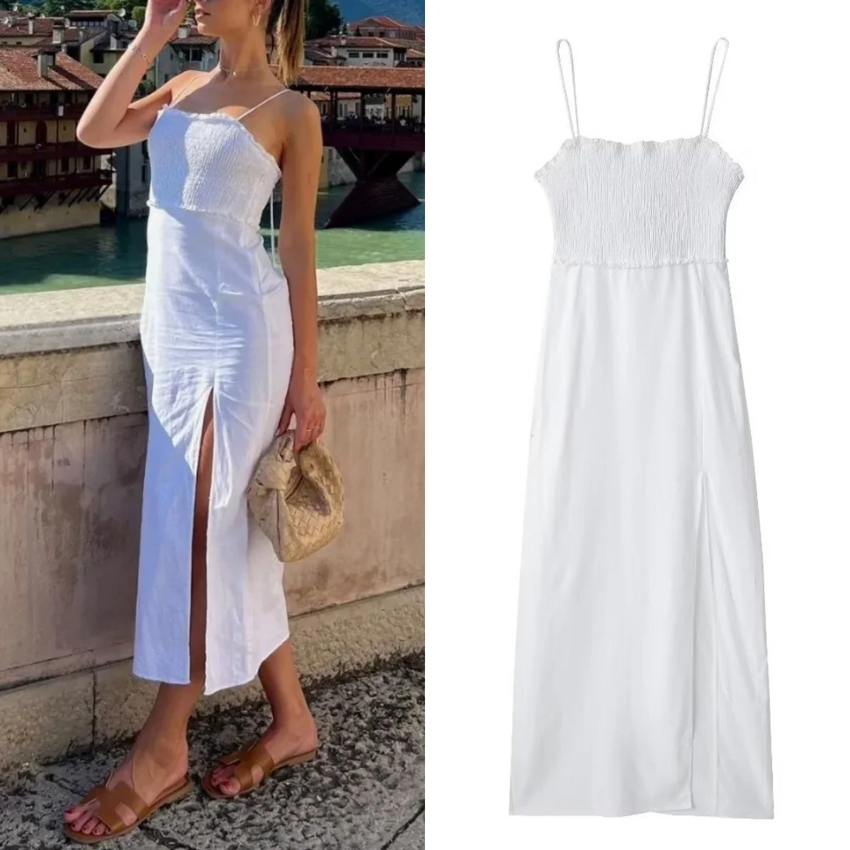 

TRAF Women's Fashion White Sexy Backless Suspender long Dress Pleated Slit Hem Decoration Beach Party Midi Dress Summer 2024