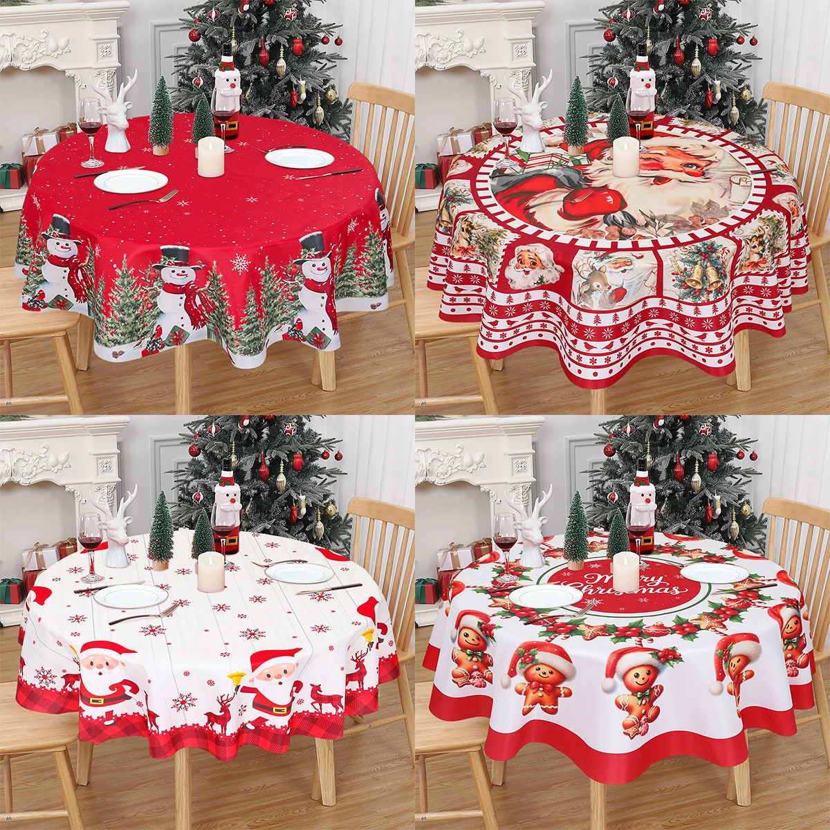 Christmas Polyester Round Tablecloth 2024 Merry Christmas Decoration For Home Xmas Gift Navidad New Year Dining Table Cover