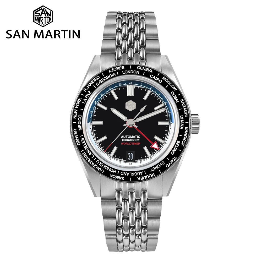 

San Martin World Timer Watch Japan NH34 GMT 39.5mm Original Design Men Automatic Mechanical Travelers Watches Waterproof SN0116