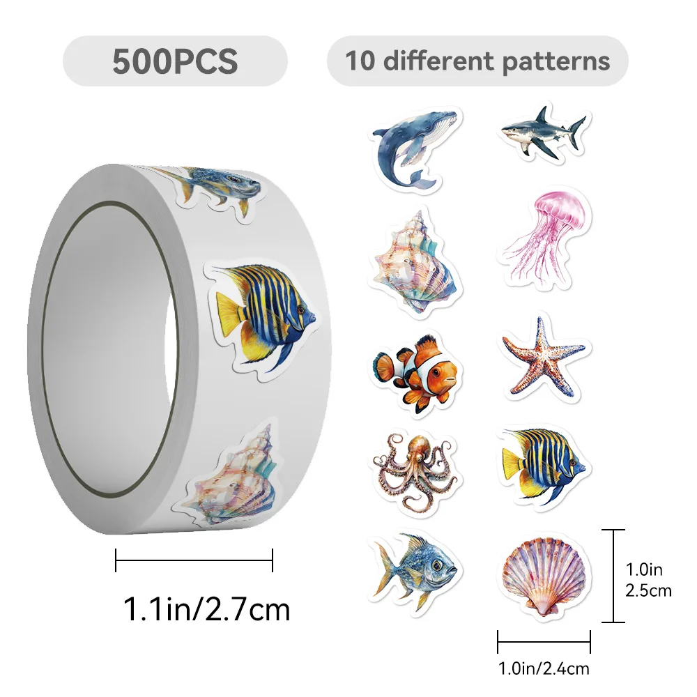 

500pcs/Roll Cartoon Sea Creature Starfish Jellyfish Sealing Sticker DIY PVC Laptop Decals Decoration Stiker Reward Gift Toys