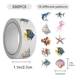 500pcs/Roll Cartoon Sea Creature Starfish Jellyfish Sealing Sticker DIY PVC Laptop Decals Decoration Stiker Reward Gift Toys