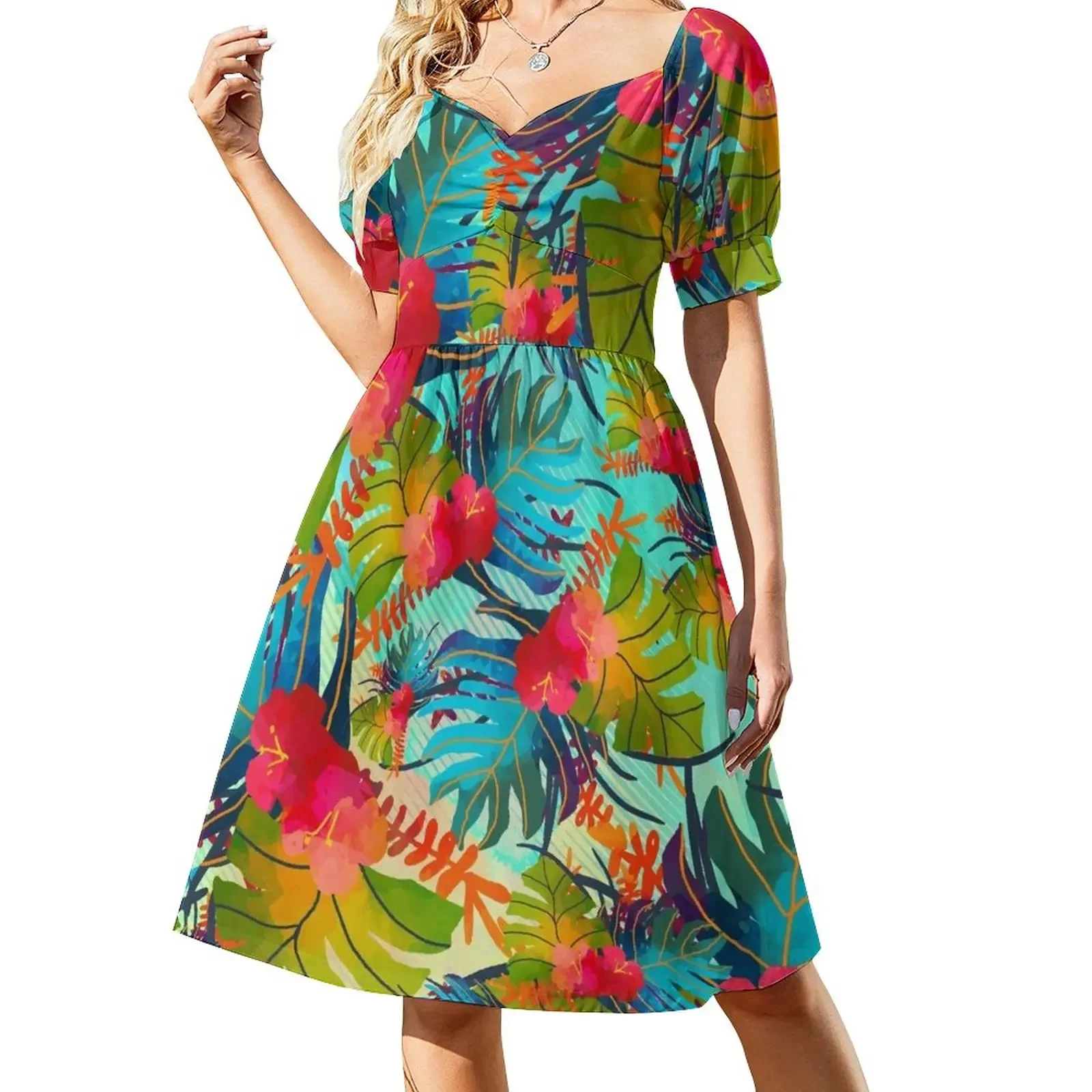 

Bright Tropical Floral Print B Short-Sleeved Dress dress summer chic and elegant woman dress women's clothing korea stylish