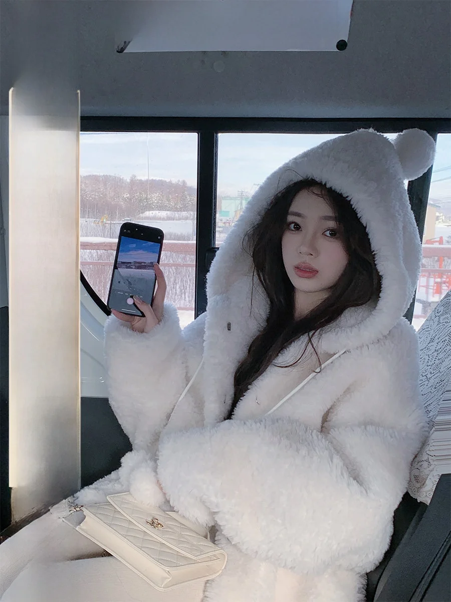 

Dearhua Women's Faux Fur Jaet Full Lamb Fur Lined Inner Hooded Long Sve Coat Luxury Vintage Sle Woolen Leather Coat