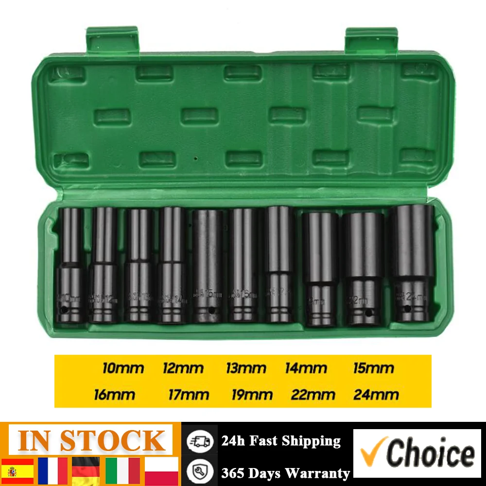 1/2Inch Drive Hex Impact Socket Set 10-Piece Deep Socket Metric Sizes 10-24mm CR-V Material with Hard Storage Box