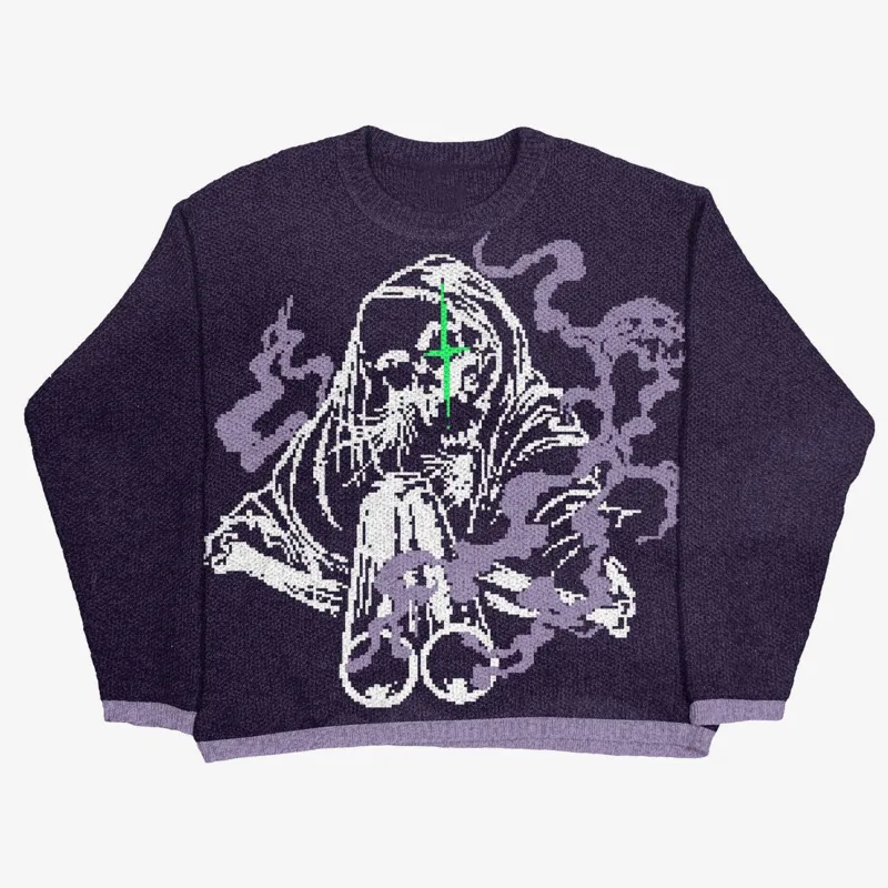 Imagem -03 - Hip Hop Oversized Camisolas de Malha Anime Crânio Esqueleto Padrão Traje de Halloween Streetwear Harajuku Pullover