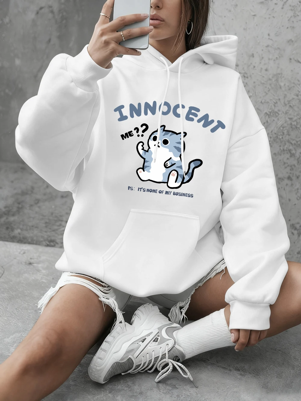 

Толстовка с принтом кота «Это нет моего бизнеса», женская базовая толстовка с круглым вырезом, повседневный свободный пуловер, зимняя флисовая теплая уличная одежда