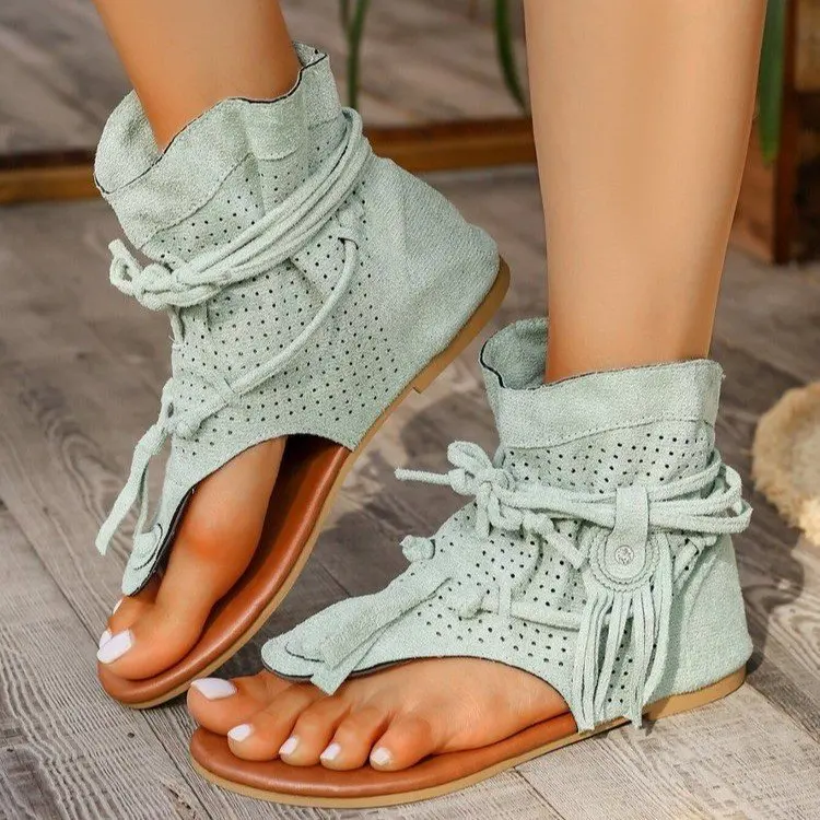 Lace Up Boots Shoes Flat Heel Boots-Women Ladies Rubber Large Size Summer Low 2024 Solid Fretwork Peep Toe Fringe Flock Ankle PU