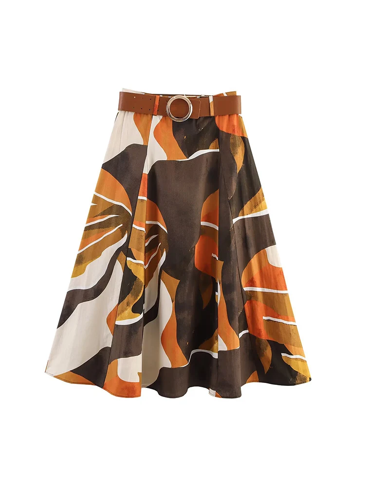 2025 mulheres verão midi saias vintage impressão popeline cinto feminino elegante rua a linha saia roupas