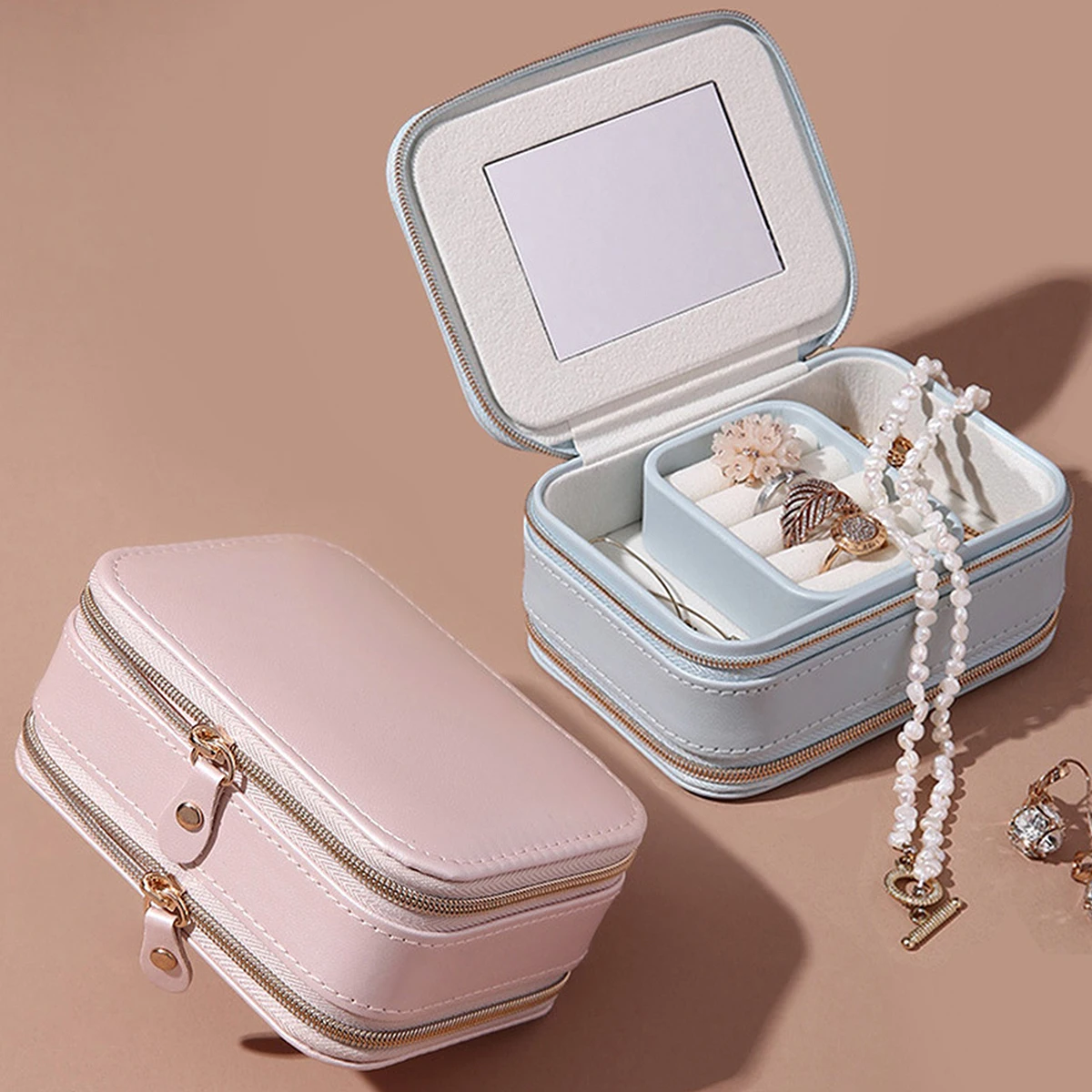 

PU Jewelry Storage Box Portable Zippered Jewelry Holder Organizer for Rings Earrings Necklace (Blue)