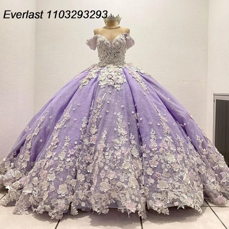 EVLAST-Vestido De Quinceañera De lavanda con purpurina, Vestido De baile, apliques De flores 3D, corsé con cuentas De encaje, dulce 16, 15 años, TQD312