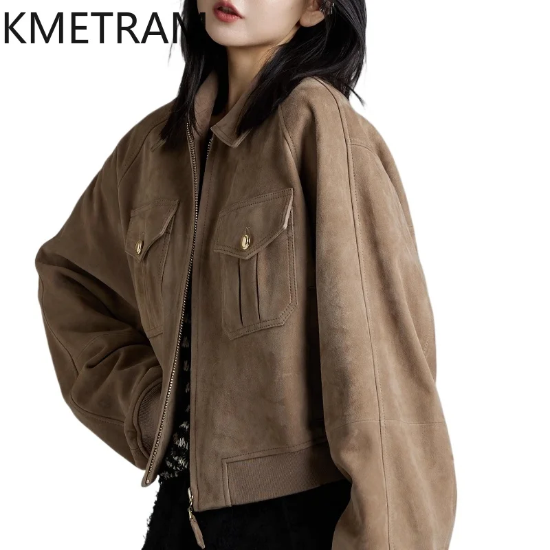 KMETRAM Natural Sheepskin Reverse Suede Genuine Leather Jacket Women High Quality 2025 Autumn Short Clothes for Woman пальто