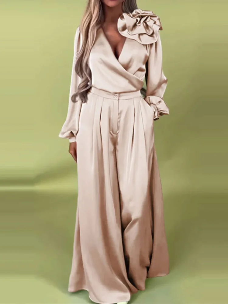 넓은 다리 바지 간단한 솔리드 복장, 여성 봄 여름 긴 소매 풀오버 탑 2PCS 세트, V 넥 버튼 플라이 세련된 숙녀 정장