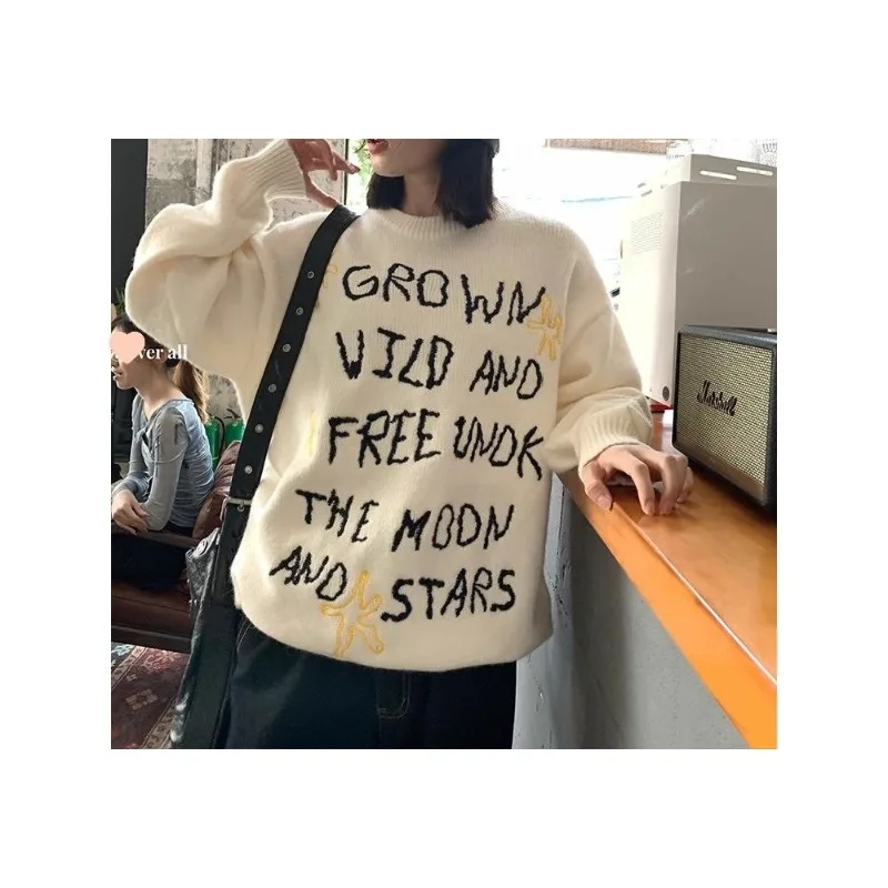 

Женские свитера с круглым вырезом и вышивкой букв, свободные вязаные пуловеры, осень 2023, новинка, повседневный модный трикотаж