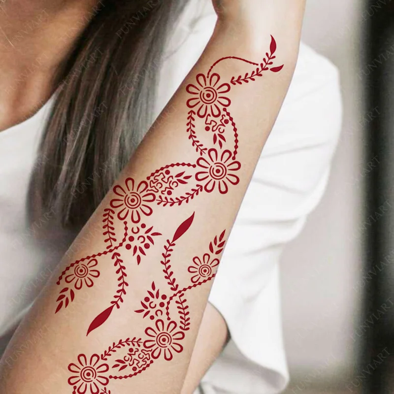 Maroon Henna Stickers for Hands Waterproof Temporary Henna Tattoos for Women Fake Tattoo Brown Henna Decorations Wedding