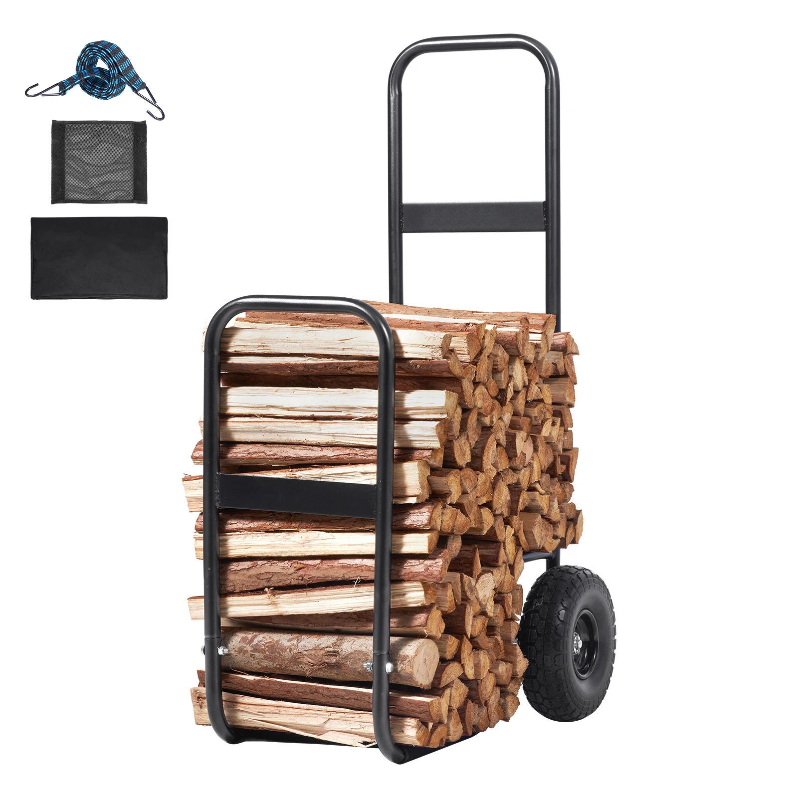 SucceBuy Firewood Log Cart Outdoor and Indoor Wood Rack Storage Mover with Wheels Heavy Duty Steel for Fireplace Fire Pit Black
