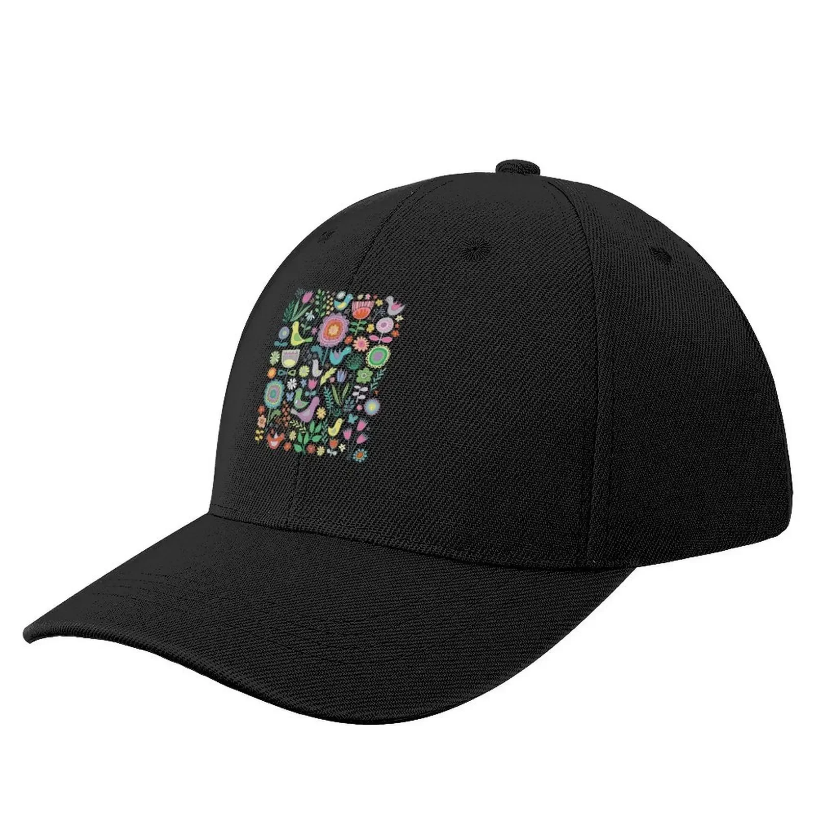 Birds and blooms - pastels on black - pretty floral bird pattern by Cecca Designs Baseball Cap