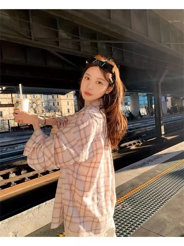 Summer Pink Plaid Shirts For Women 2025 New Long Sleeve Sun-protective Shirt Casual Ladies Clothes Tops Lazy Style Loose Shirts