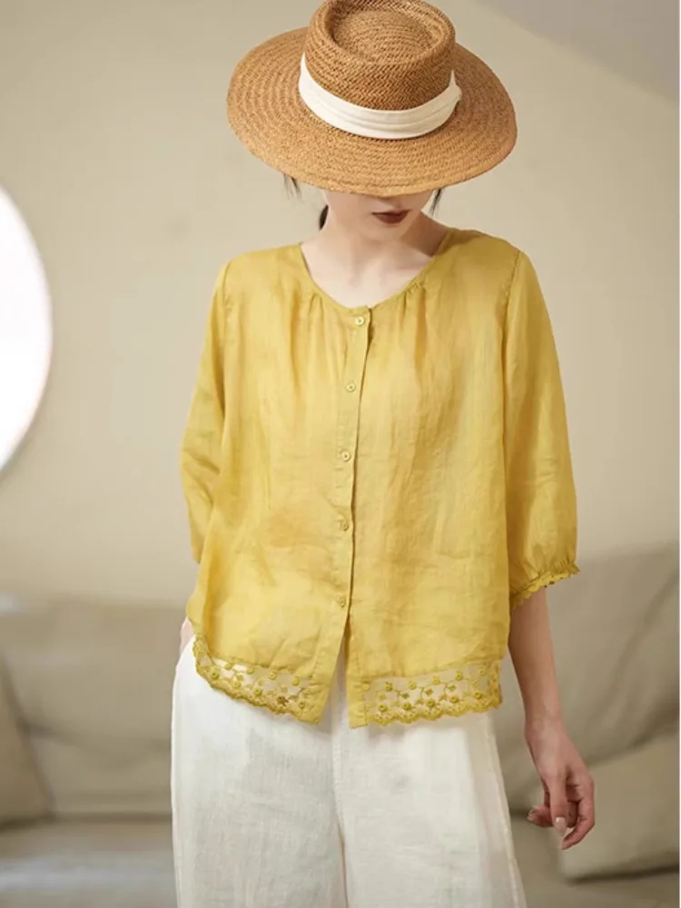 Retro Lace Trim Linen irt Women Summer Loose Thin Seven Sve Zen Sle Cotton Blend Regular Fit round Ne Button up Top