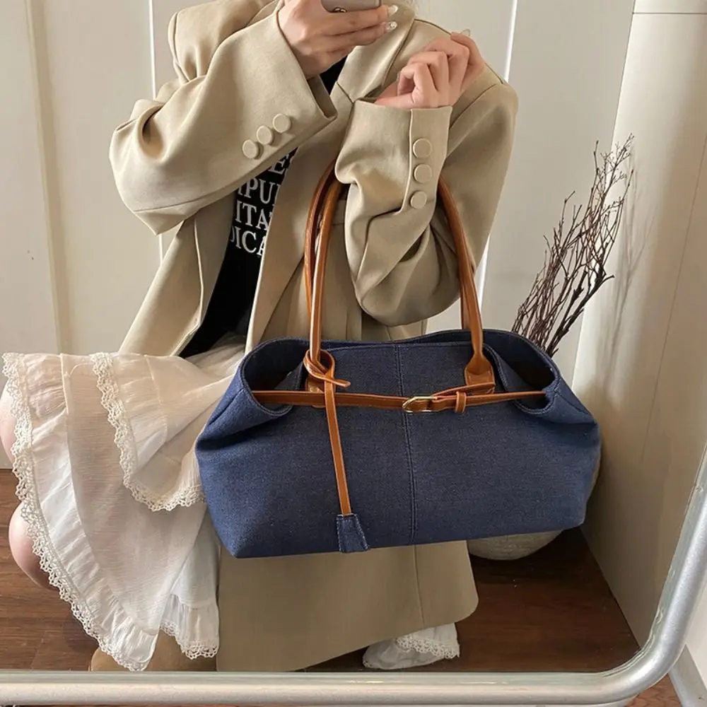 

Джинсовая сумка на плечо с застежкой, лоскутная цветная элегантная винтажная сумка подмышками, большая вместительная повседневная большая сумка из искусственной кожи для студентов