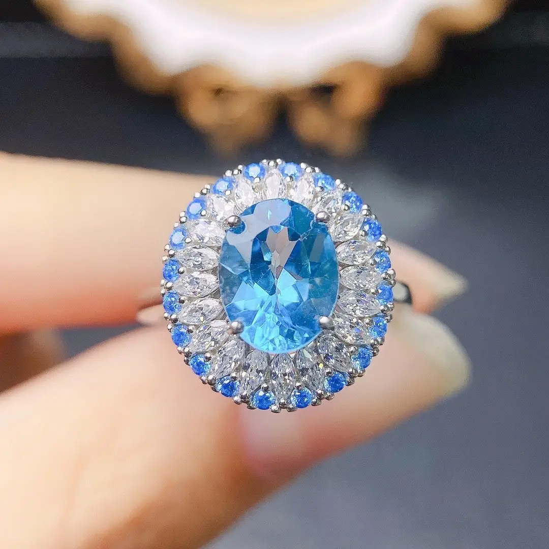 

Best Seller Topaz Fine Jewelry Woman Topaz Ring With Natural Blue Topaz Gemstone 7*9mm Vintage Lady Topaz Ring For Gift Dating