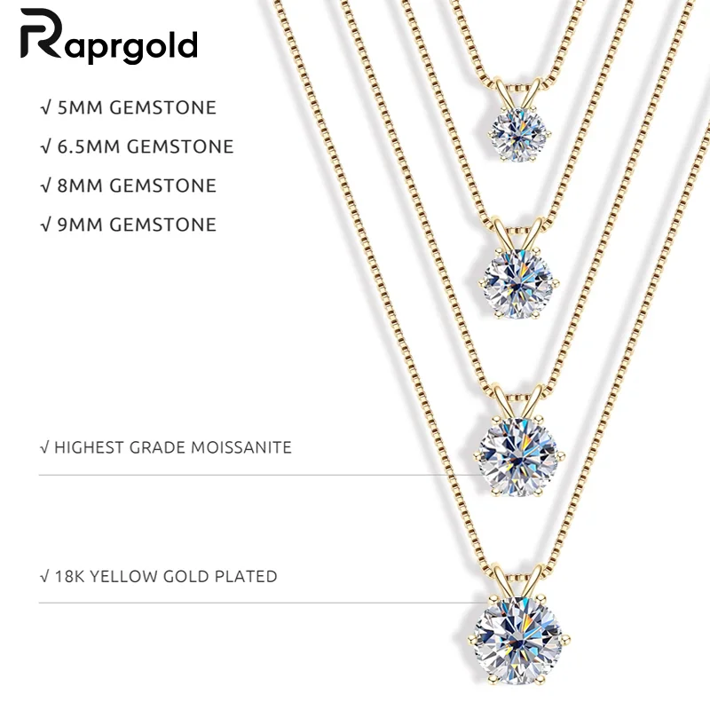 

RAPRGOLD GRA Certified Multi-size Round Moissanite Pendant Necklaces For Women 925 Sterling Silver Solitaire Chain Jewellry Gift