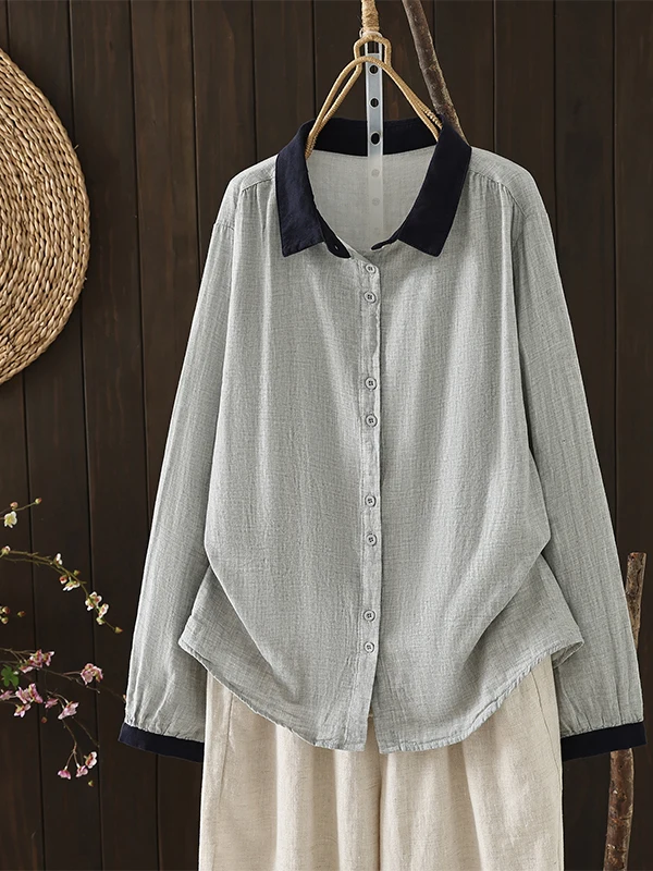 Loose Fit Long Sleeve Cotton Shirt Women's Casual Style Artistic Double Layer Top Trendy Vintage Breathable Summer Shirt