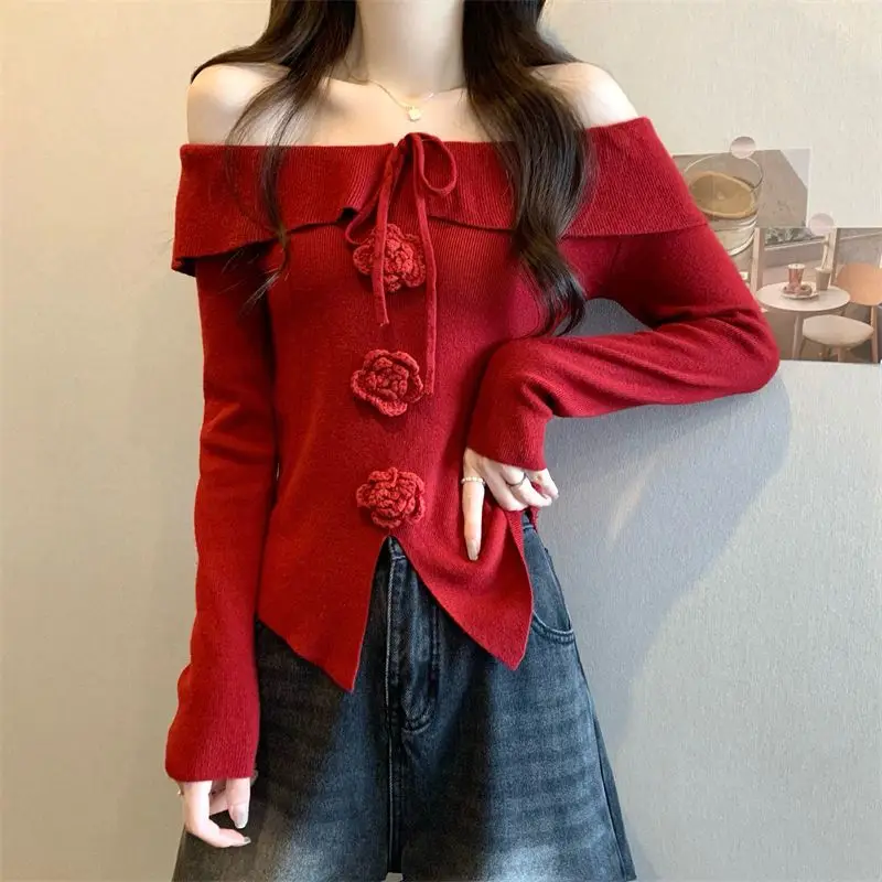 

Christmas Red One Shoulder Long Sleeved Knitted Pullover Sweater For Women Autumn Winter New Flower Sexy Slim Short Top Women