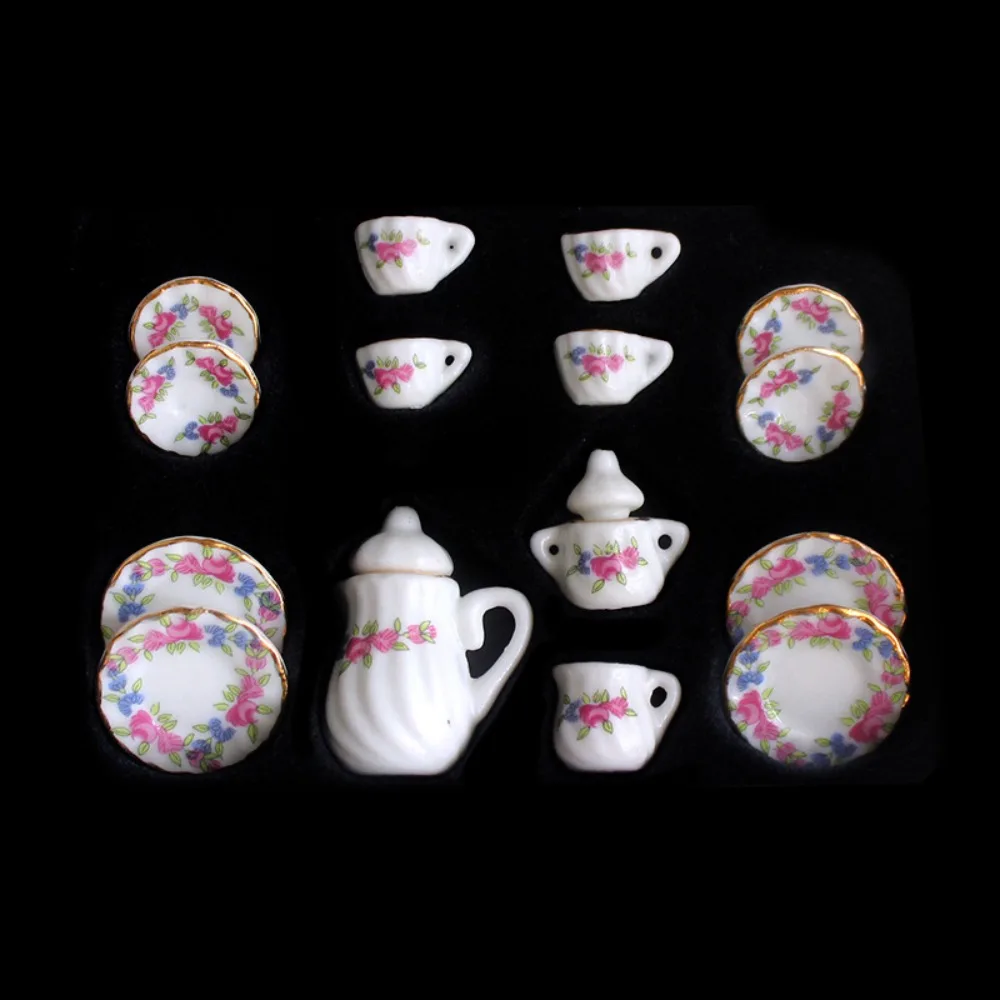 Ceramic Dollhouse Miniature Tea Set Tableware Tray Doll House Cup Model Set Flower Kettle Miniature Porcelain Tea Cup Set