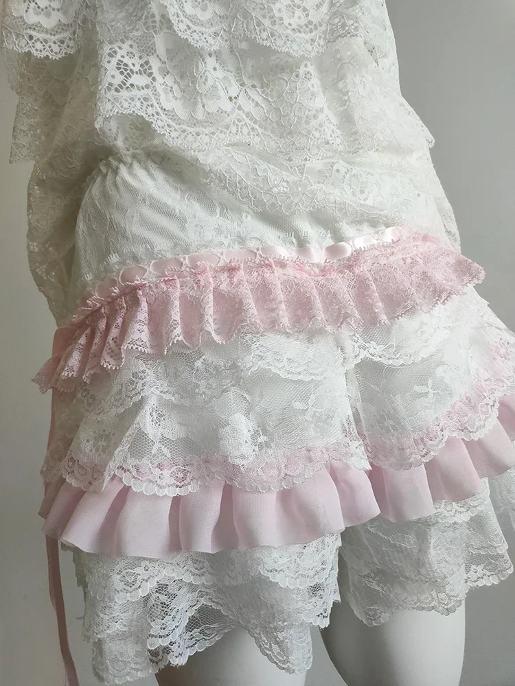 Conjuntos de 2 piezas para mujer, Tops cortos con lazo, pantalones cortos de cintura elástica, conjunto de fondo de encaje multicapa para niña dulce, trajes Kawaii