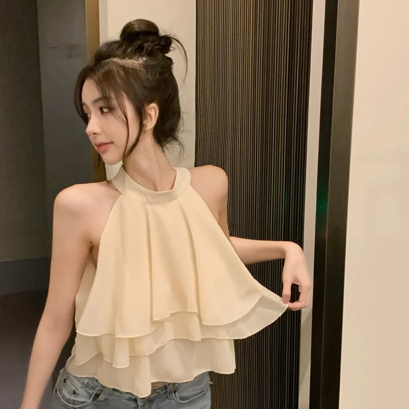 Women Ruffle Chiffon Tops Halter Shirt Off Shoulder Sexy Chiffon Blouse O-neck Sleeveless Chiffon Tanks Korean Casual Tank Tops