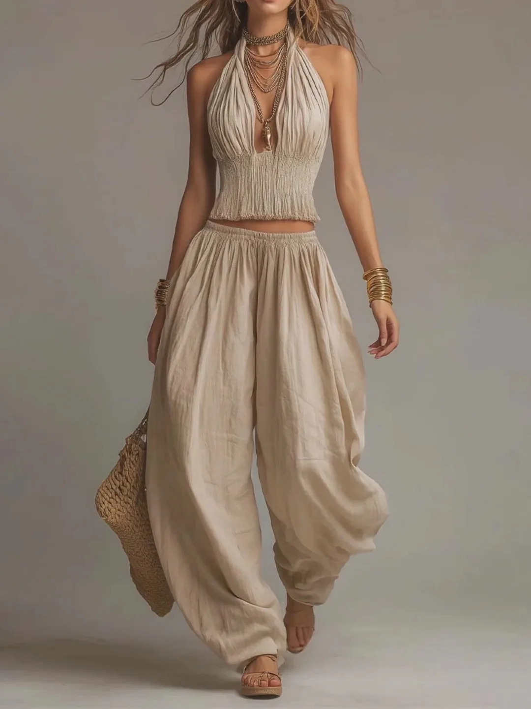 

Summer Women Fold Waist 2PCS Boho Outfit Halter Neck Crop Top+Wide Leg Pants Set Casual Summer Beach Linen Matching Sets