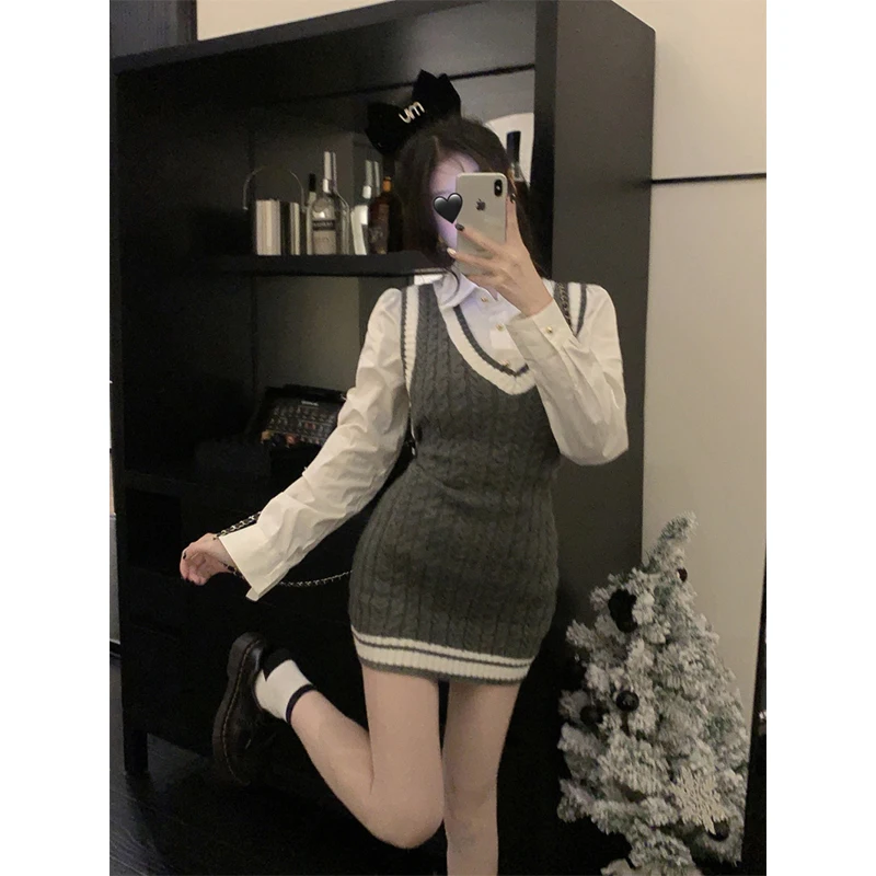 Striped Knitted Mini Dress Women Preppy V Neck Sleeveless Sweater Dresses Korean Kawaii Patchwork Sundress Bodycon Vestidos New