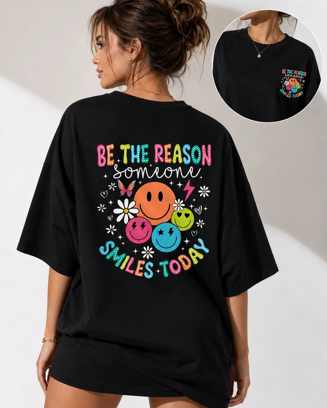 Women's Smile Power Positive Energy Printed Ballpoint Croonec Casual Fashion Round Neck T-shirt Spring/Summer Cotton Shirt