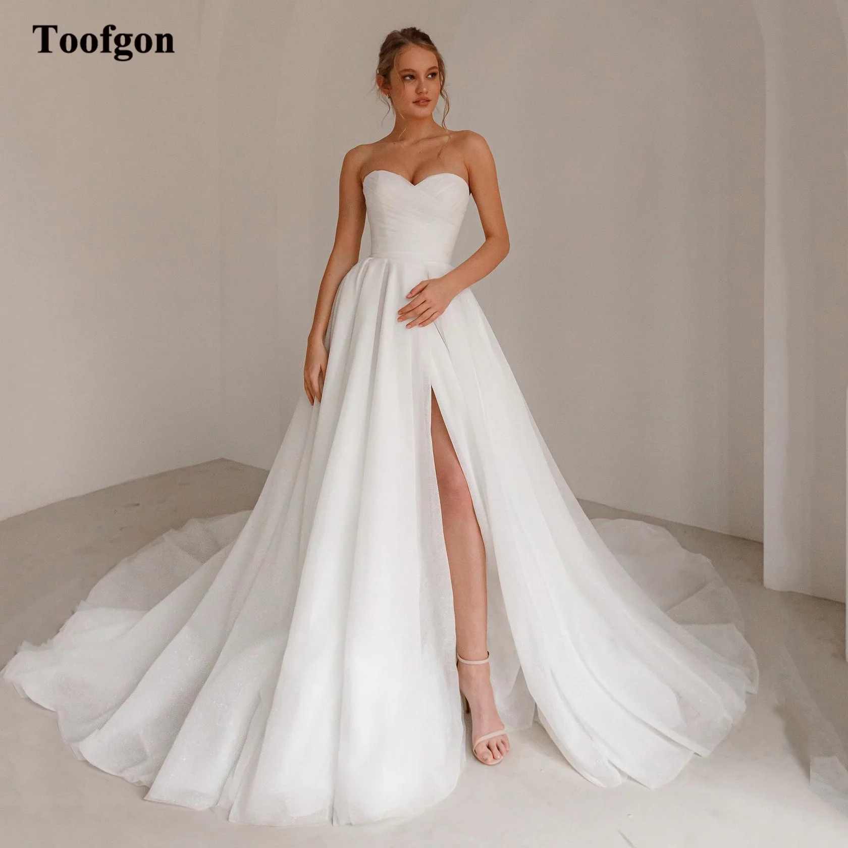 

Toofgon A Line Leg Slit Wedding Dresses For Bride Sweetheart Simple Countryside Bridal Gowns Women Formal Wedding Party Gowns